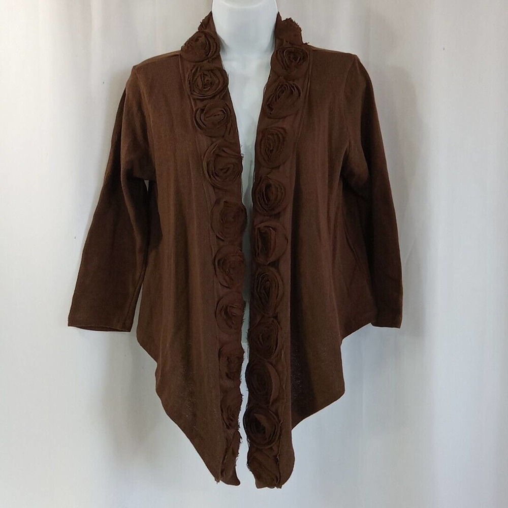 eci New York open Cardigan Sweater Women's Size Medium Brown Tulle Flowers *